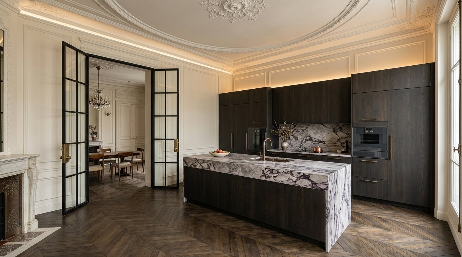 Appartement parisien repensé par H&H CONCEPT — cuisine ouverte en marbre